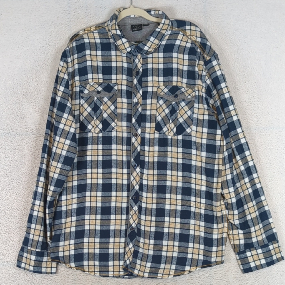 Burnside Men's Blue & Yellow Plaid‎ Button Down Shirt Size 2XL